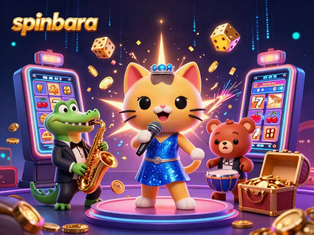 spinbara casino themed illustration showcasing jazz-singer cat and saxophonist crocodile amid vibrant slots and jackpot effects