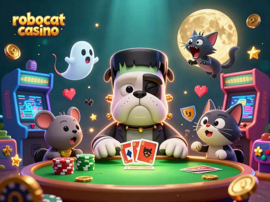 Experience the excitement of robocat casino with a lively card game scene featuring whimsical characters and bright gaming elements.