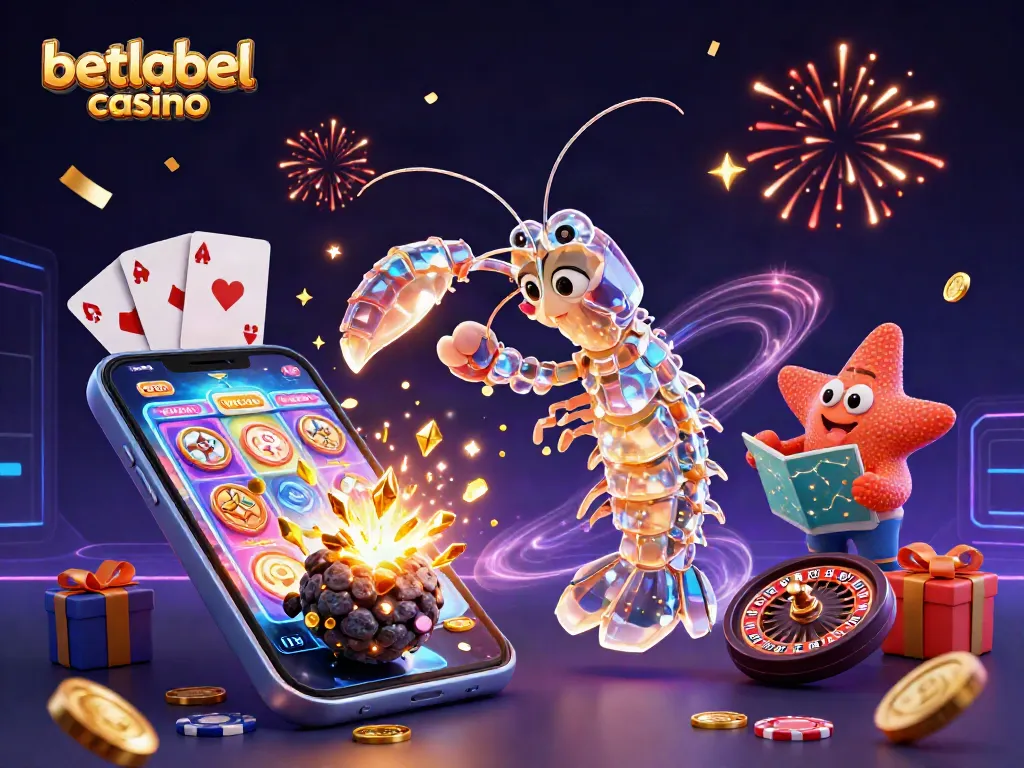 Engage with betlabel casino's dynamic 3D scene featuring vibrant games and galactic characters.
