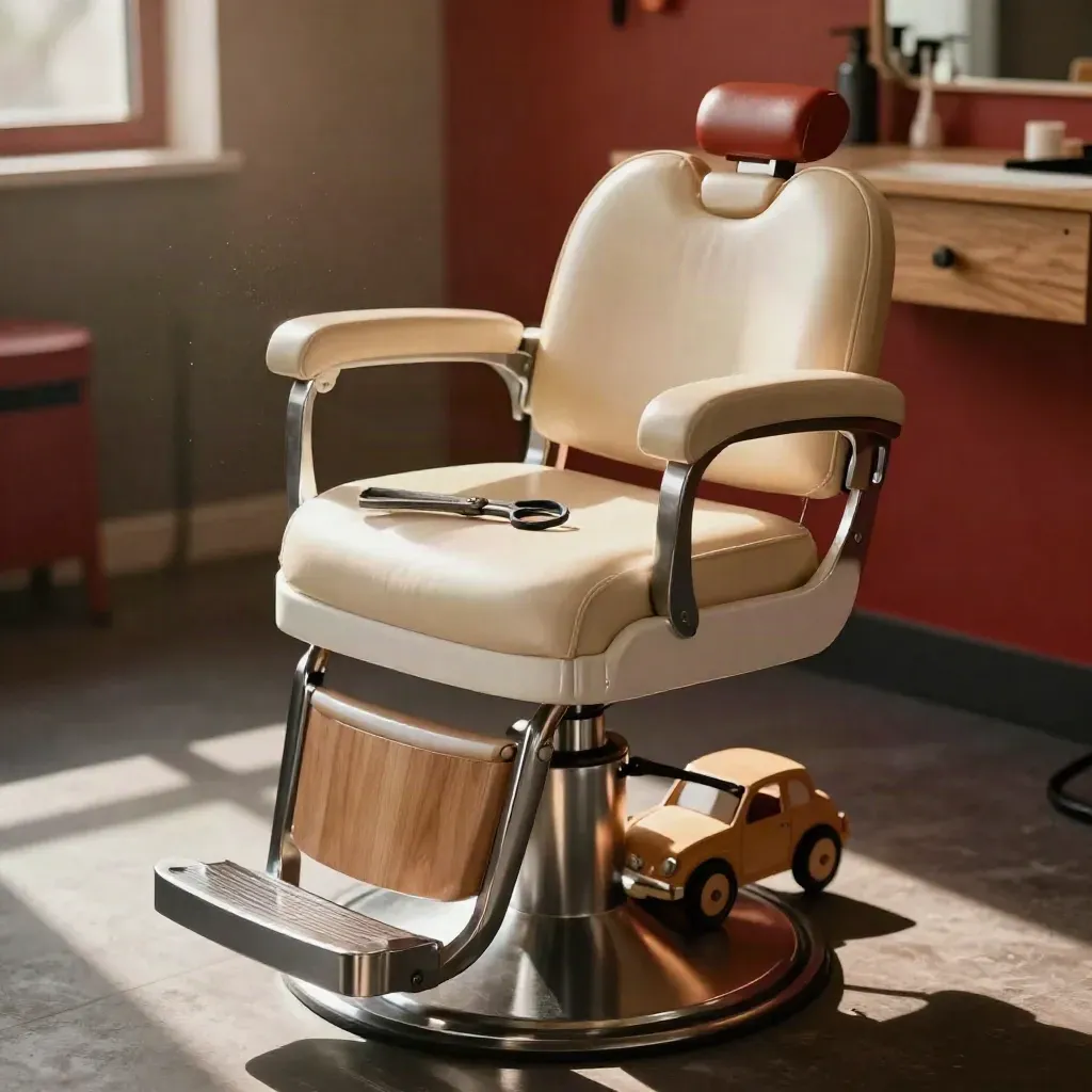 Silla de barbero infantil con alzador, tijeras, capa plegada y coche de madera junto al reposapiés.