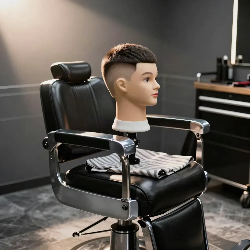 Cabeza maniquí con corte limpio en silla de barbero negra y capa a rayas.