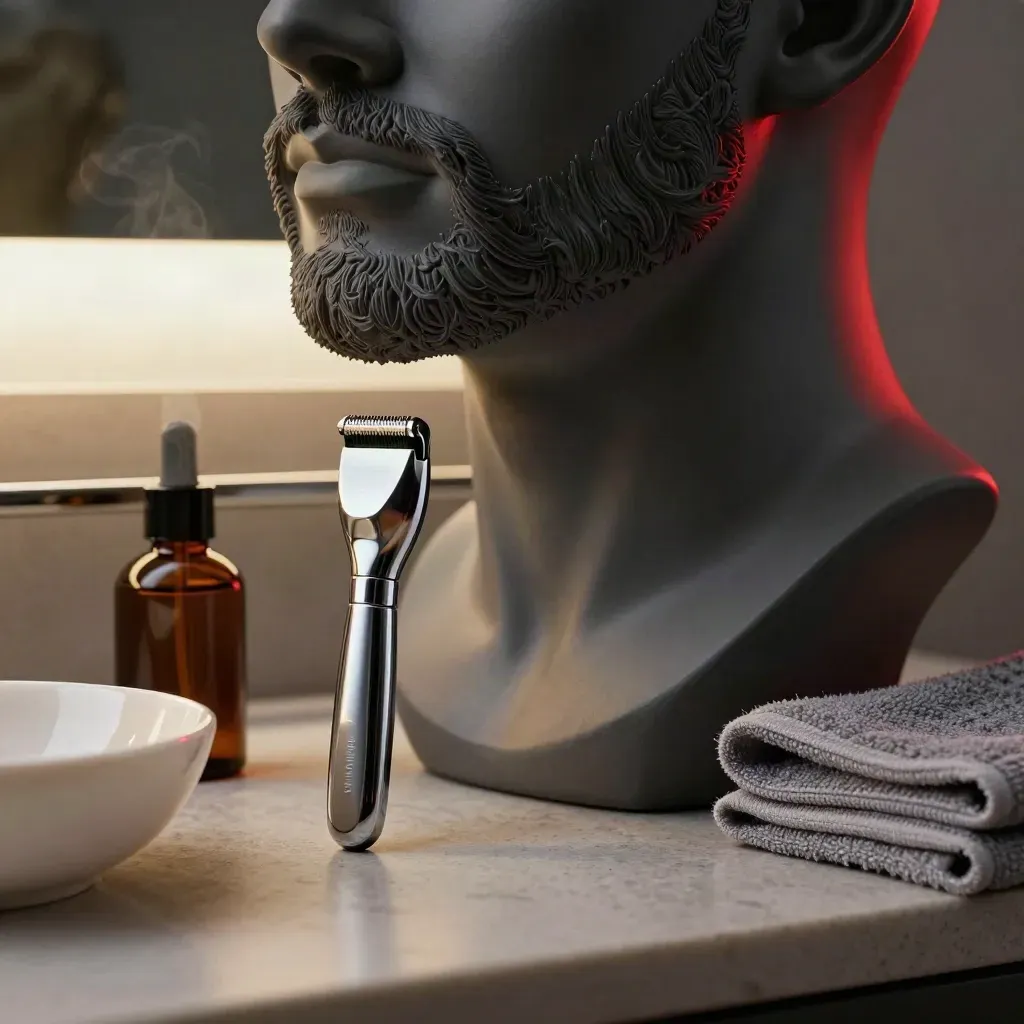 Busto de mandíbula con barba corta, trimmer, toalla humeante y bol de afeitado en un mostrador oscuro.