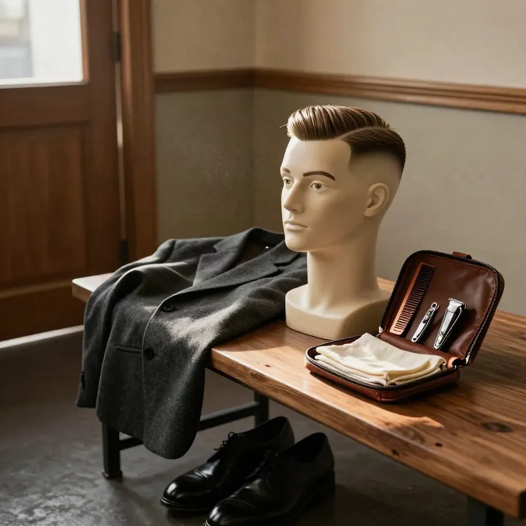 Busto de peinado con raya al lado, chaqueta, zapatos y neceser listo junto a la puerta.