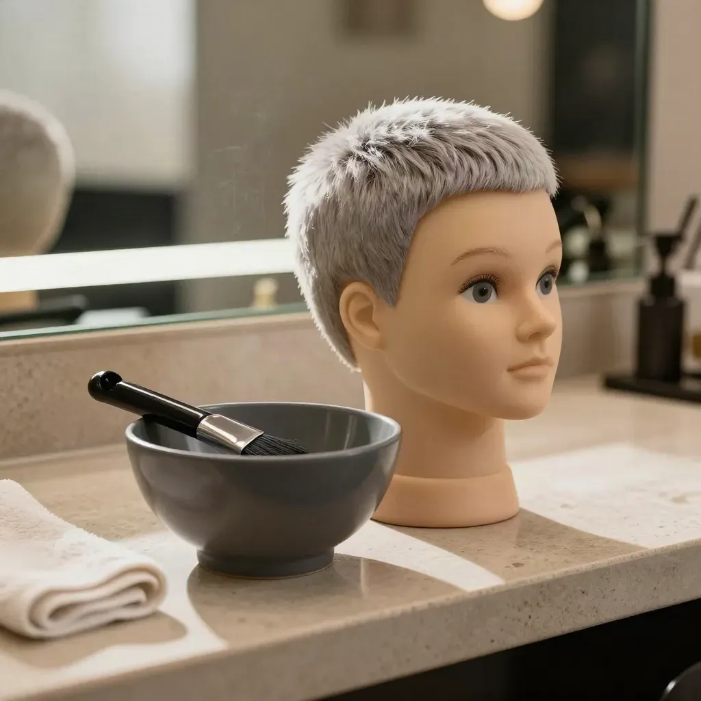 Cabeza de maniquí canoso, bol de color y toalla crema en un mostrador de barbería.