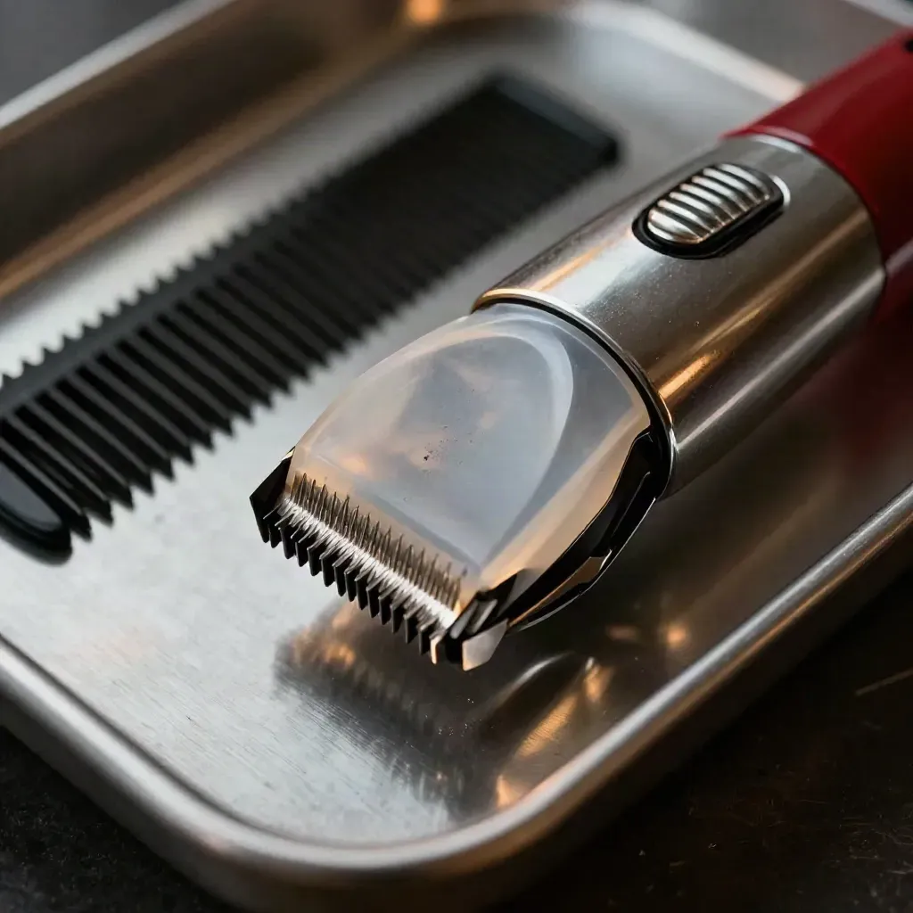 Cabezal de trimmer, guarda y peine de barbero sobre acero cepillado.