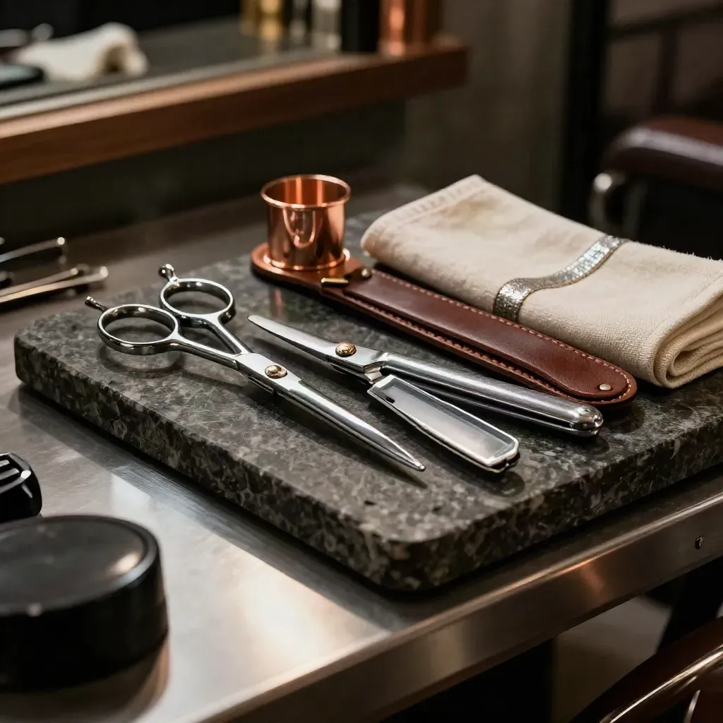 Herramientas de barbero sobre piedra oscura: tijeras, navaja y asentador con brillo cobre.