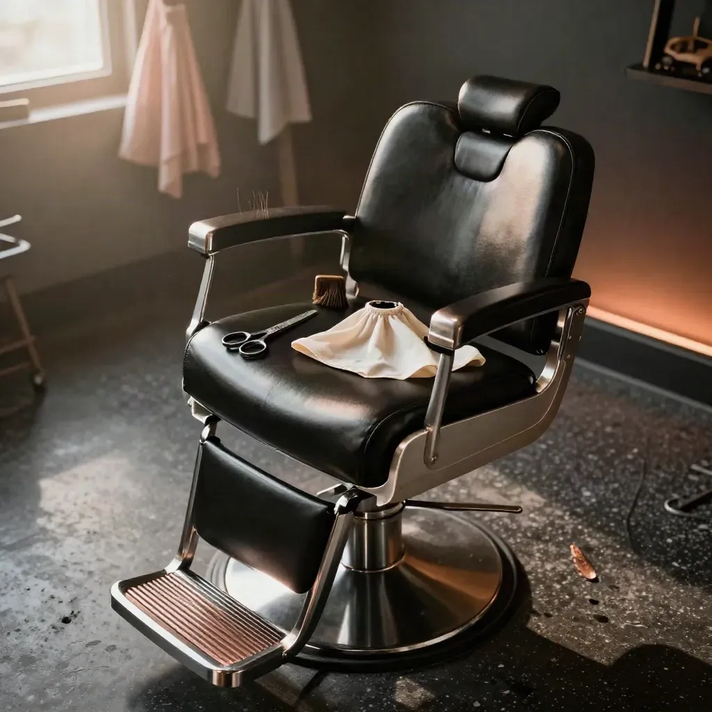 Zona de barbería infantil ordenada con alzador, tijeras, capa pequeña y coche de juguete.