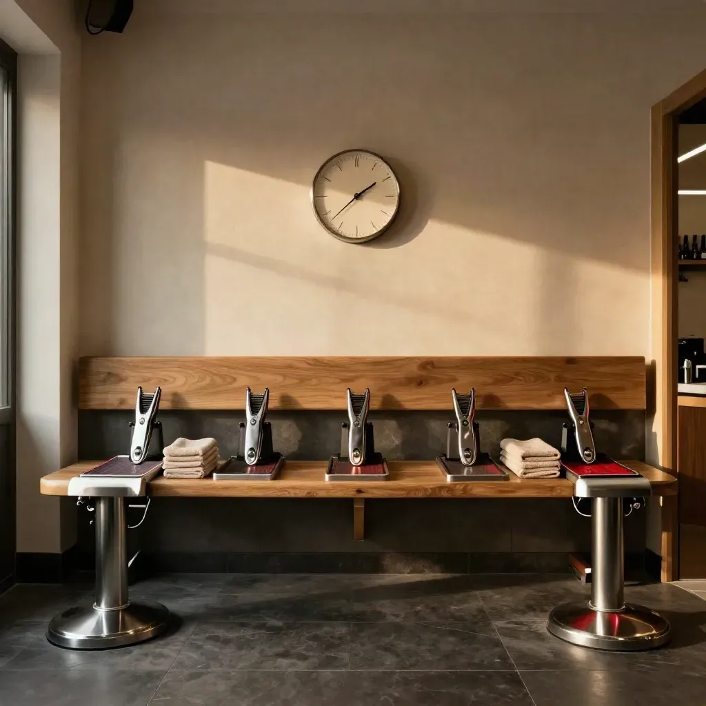 Clippers en carga, toallas dobladas y reloj de pared en una barbería vacía.