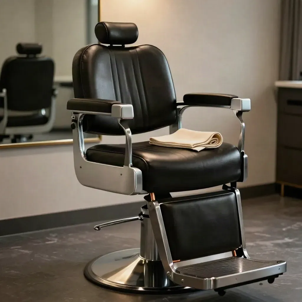 Silla de barbería negra vacía con cuello crema y brillo cromado, en luz suave.