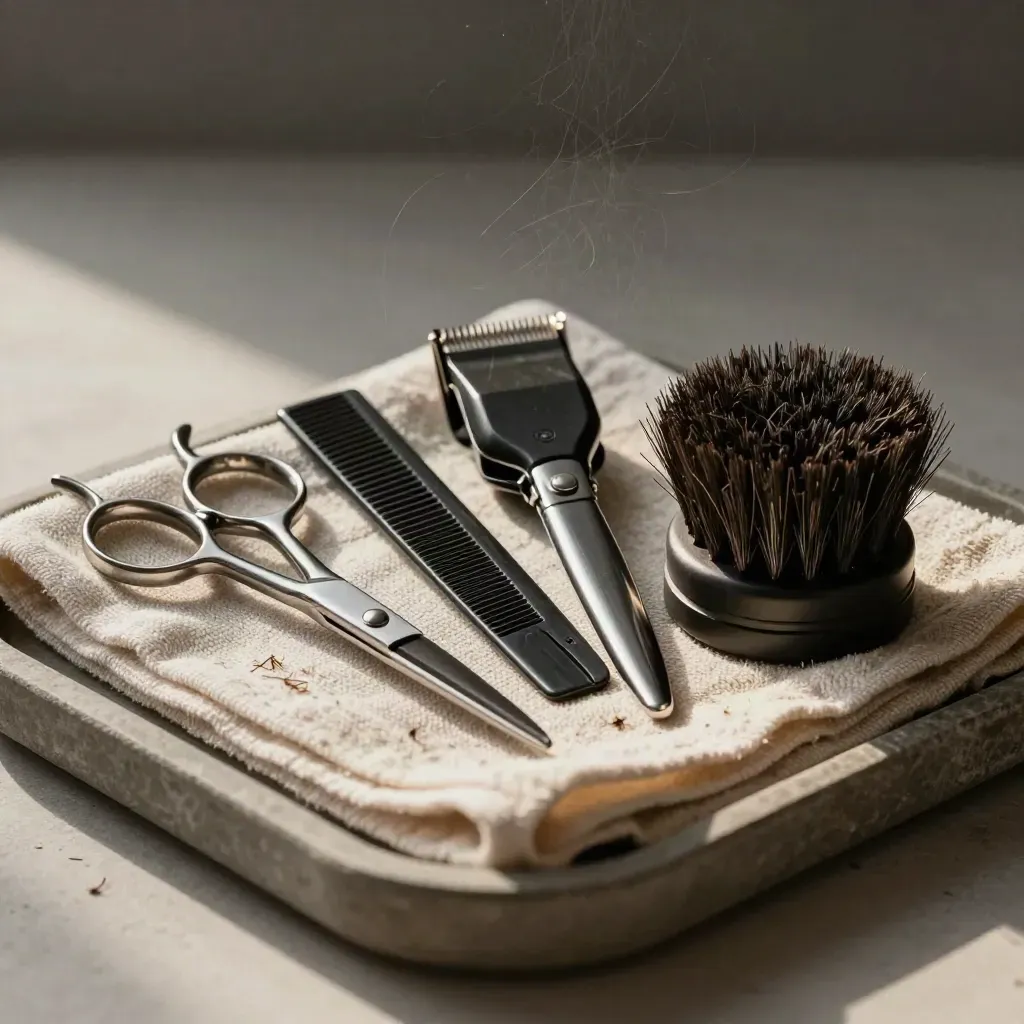Herramientas de barbería sobre bandeja de piedra con luz suave y recortes de pelo