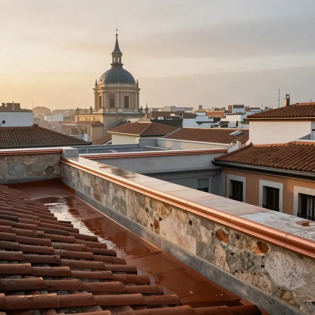 Azotea de Madrid Centro tras la lluvia, con cúpula lejana y tejas terracota