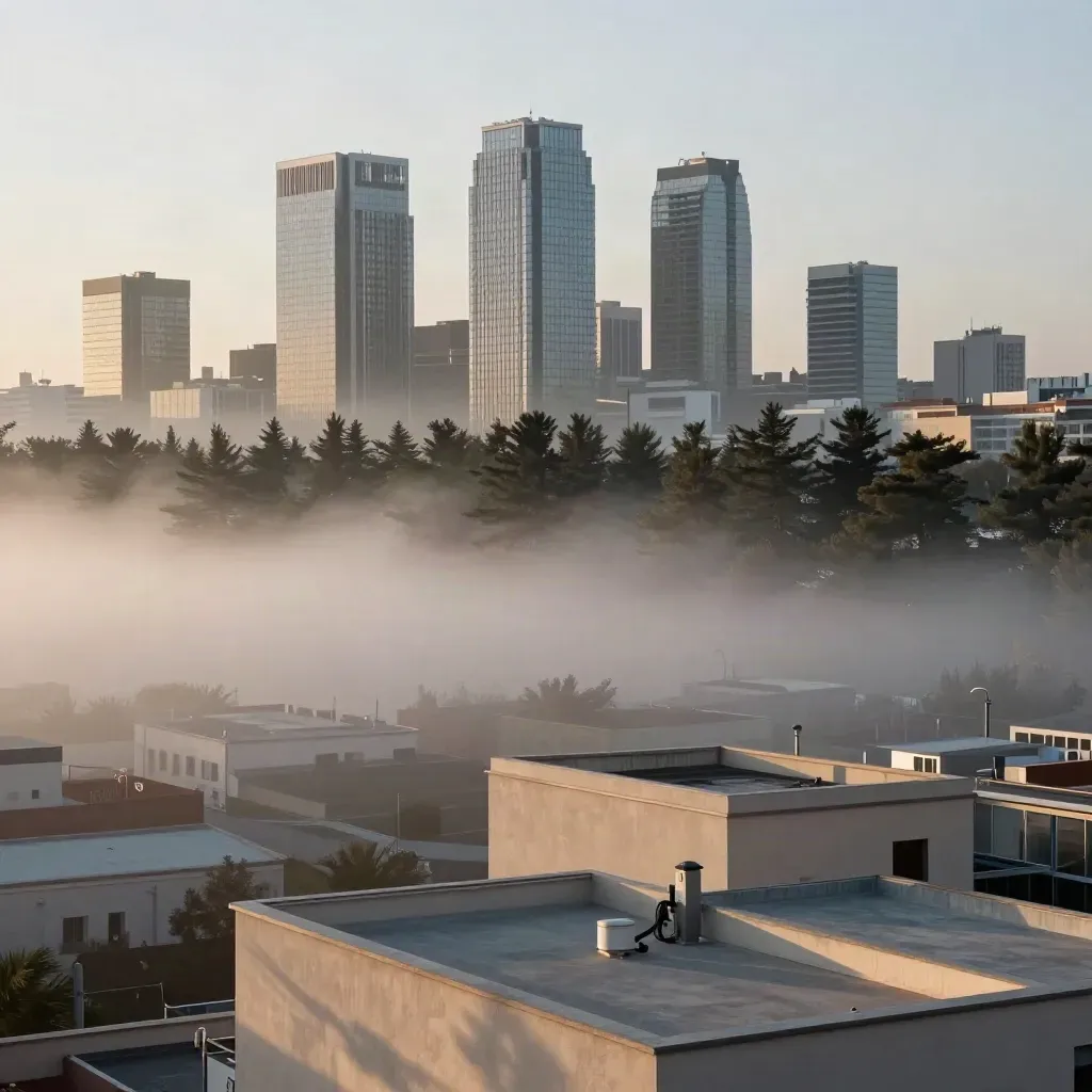 Skyline de Madrid Norte entre pinos y niebla suave al amanecer.