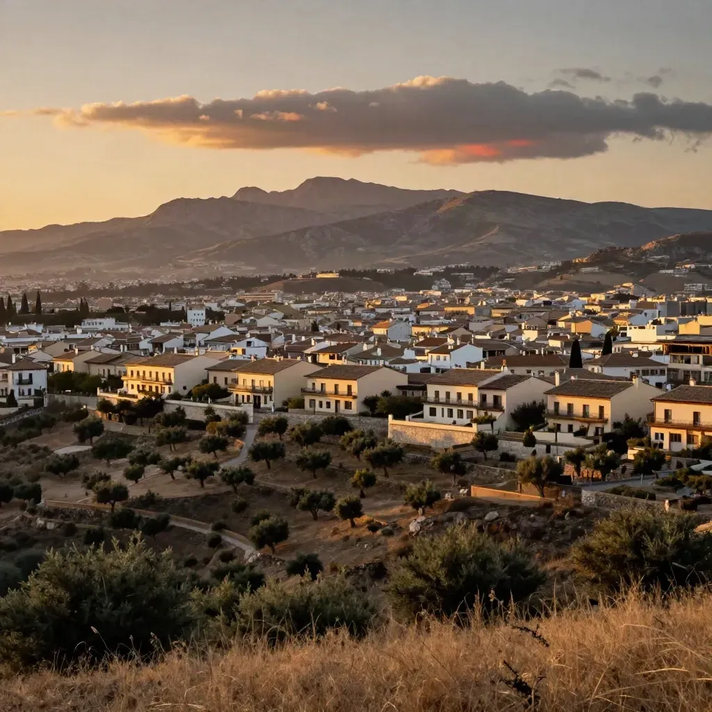Vista de Madrid Oeste al atardecer con villas bajas y la sierra al fondo.