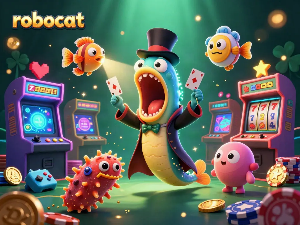 Robocat casino scene showcasing a glowing gulper eel performing tricks with vibrant casino elements.