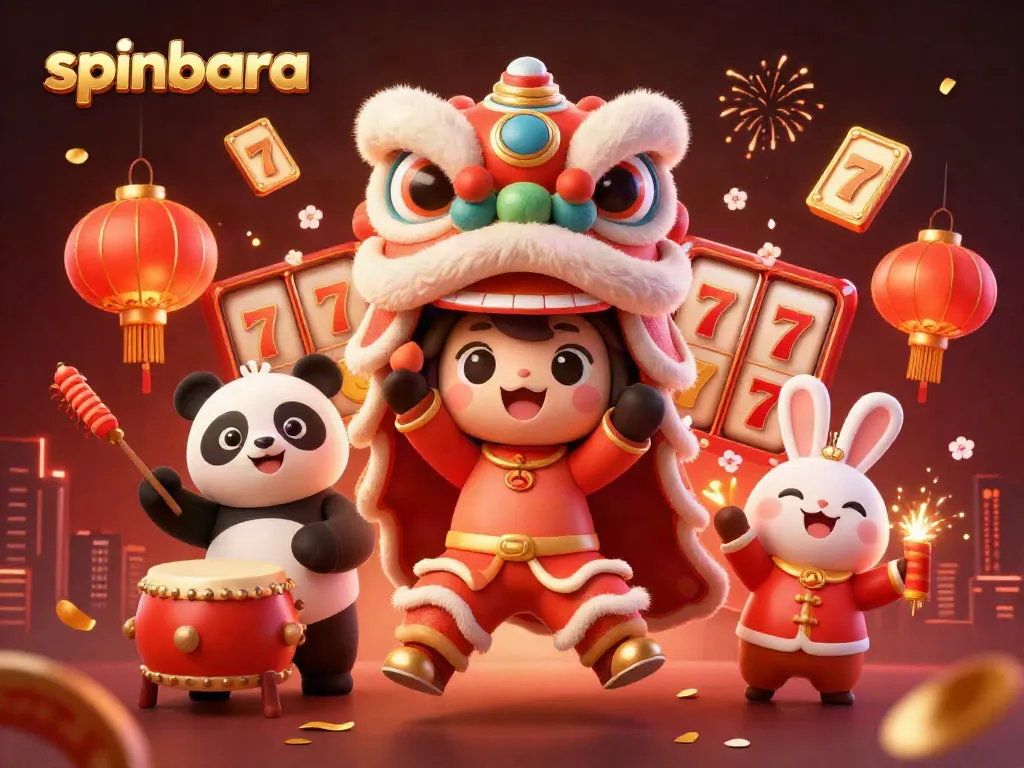 Spinbara showcases a vibrant 3D casino scene with lucky symbols, captivating players' attention.