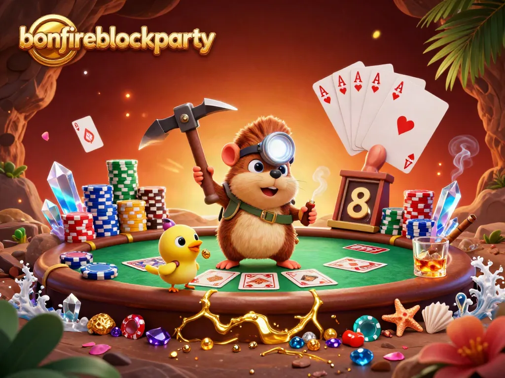 Experience thrilling gameplay at bonfireblockparty, showcasing a treasure hunter in a vibrant casino scene.